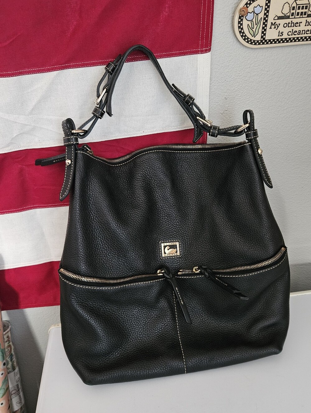 Dooney & Bourke Shopper Tote Black Leather Hobo Large Shoulder Bag Purse Vintage
